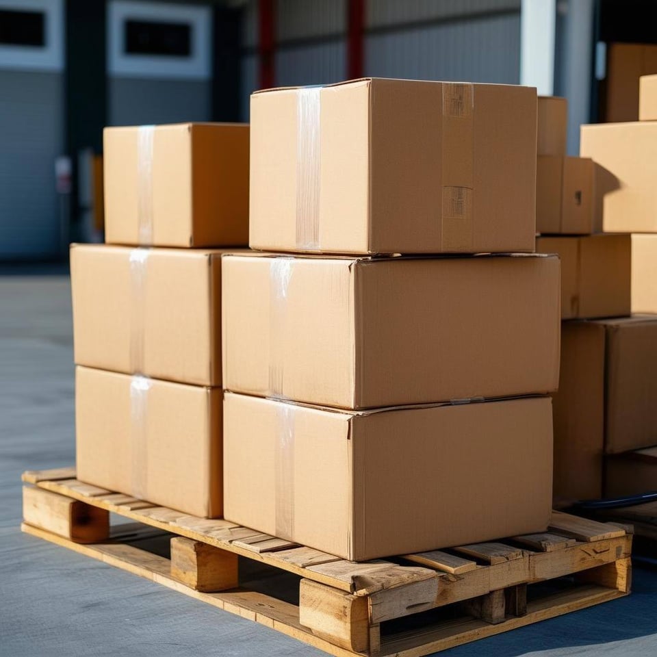 Show a bunch of boxes on a pallet that are ready to ship at the loading dock