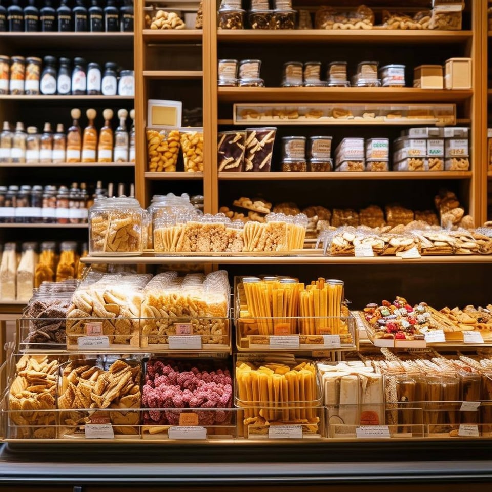 Snack shelf in a beautiful French gourmet store in Paris