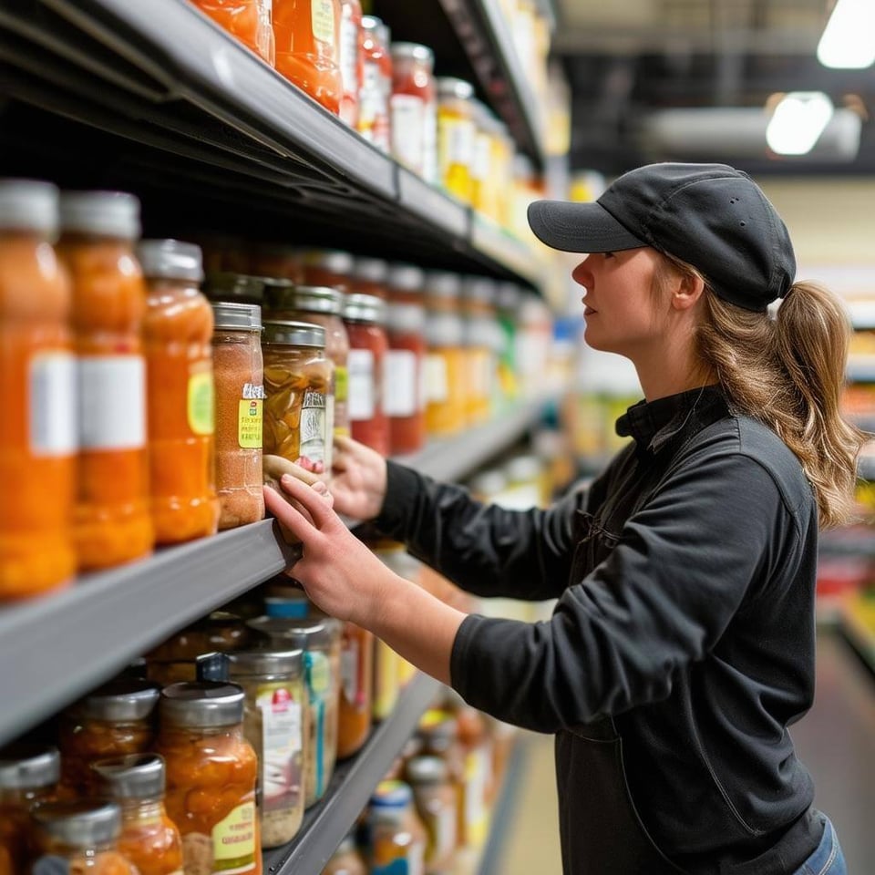 Worker restocking food shelf