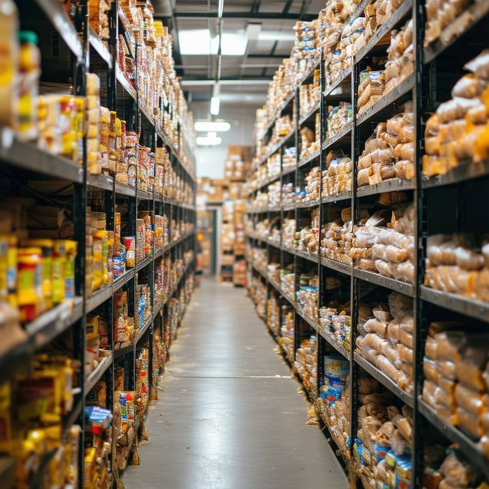 visually crowded stockroom filled with unsold packaged food