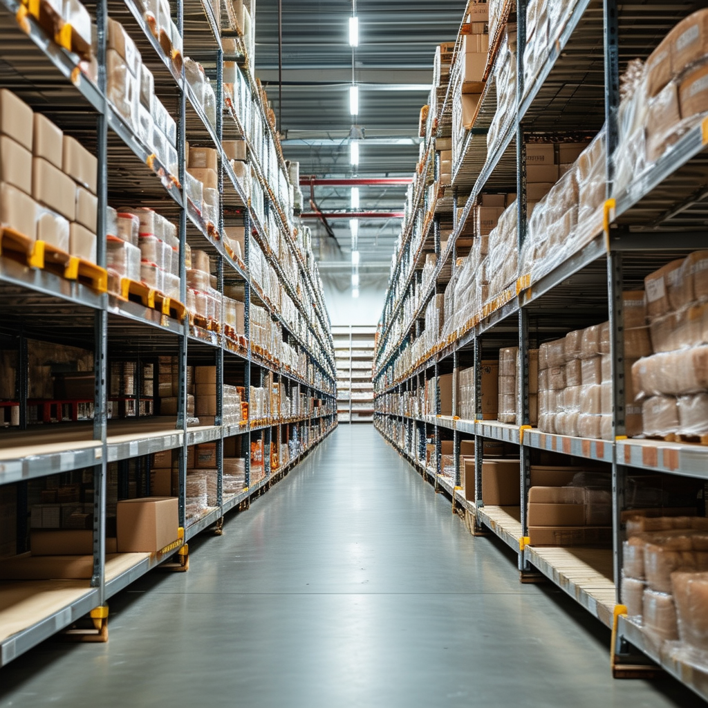 A packaged food warehouse with partially empty she