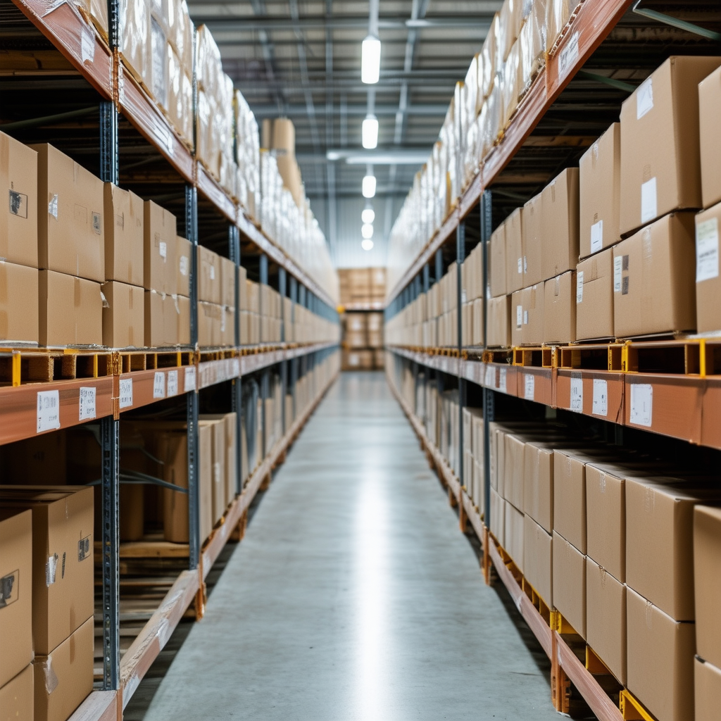 An organized warehouse with labeled shelves indica