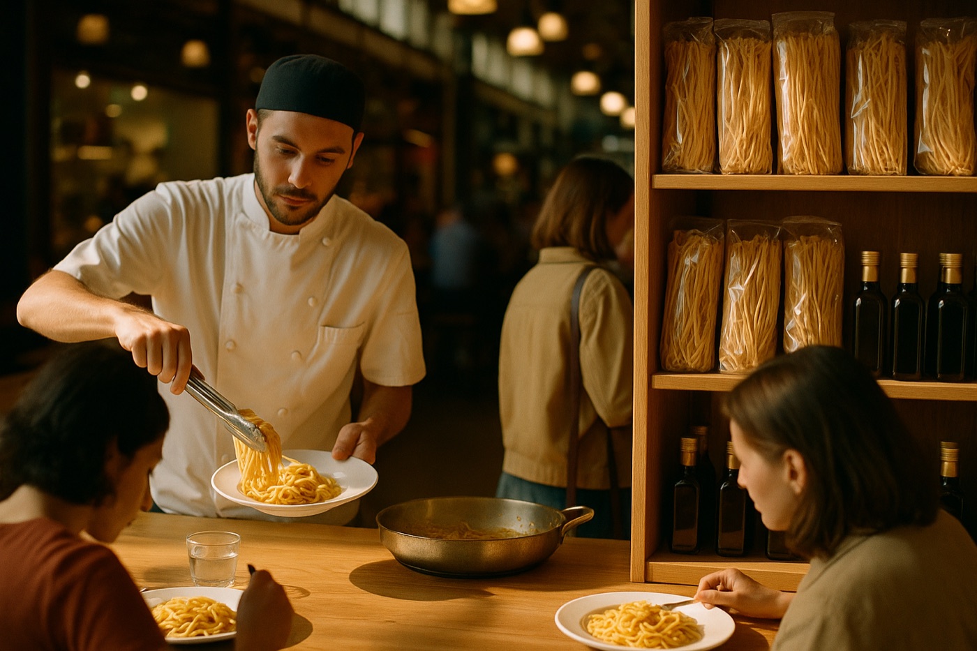 Chef plating fresh pasta next to a retail shelf selling the same pasta and olive oil, dining and shopping side by side