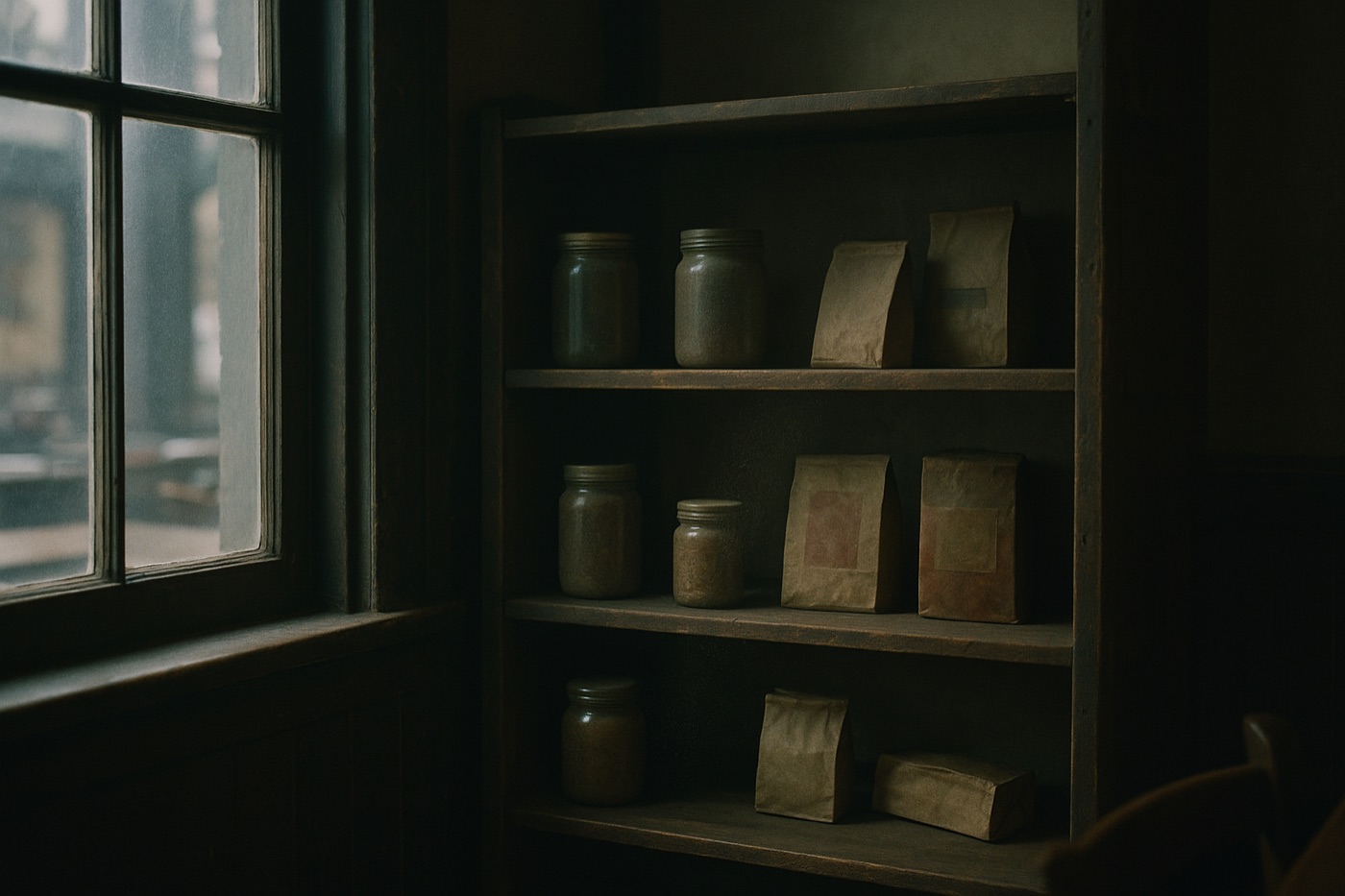 Neglected dusty retail shelf in a restaurant corner with crooked unpriced jars