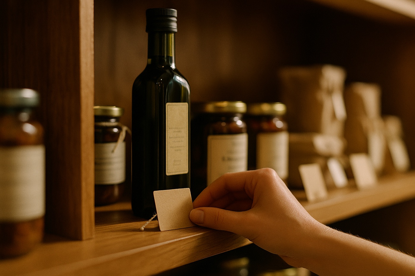 Hand placing a price tag on a shelf of specialty olive oil and pantry products
