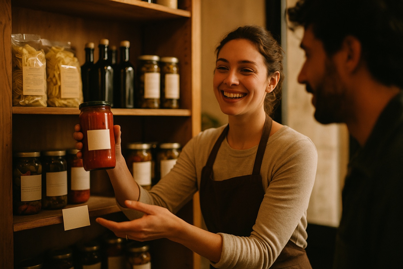 Server handing a jar of tomato sauce from an in-restaurant market shelf to a customer