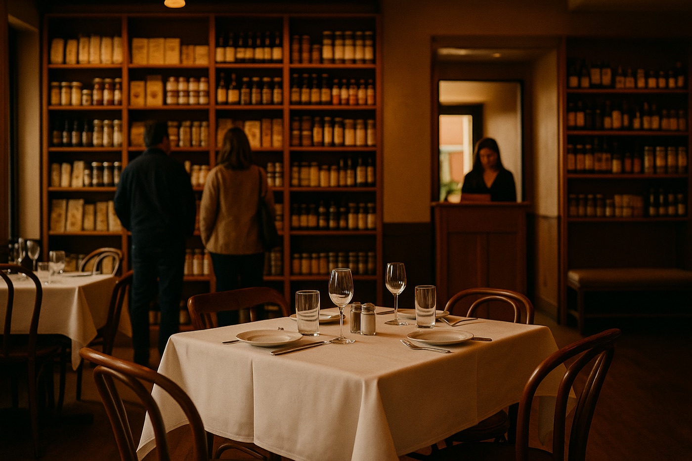View from a restaurant dining table toward entrance shelves of specialty foods by the host stand